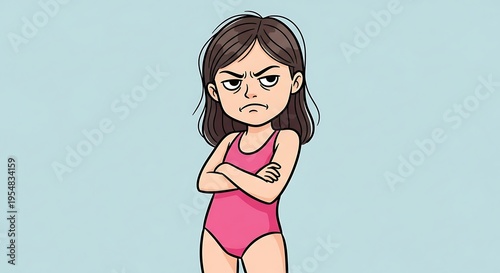 Angry girl in swimsuit with arms crossed looking at camera.