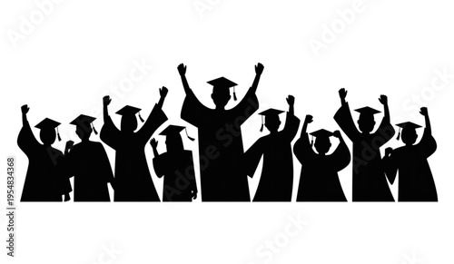 Group of graduating students silhouette celebrating with raised hands, academic success and university graduation vector