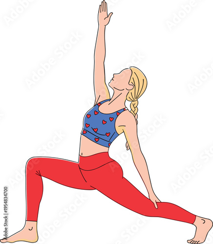 Young blonde woman practicing crescent lunge yoga pose with backbend in red leggings and blue heart print sports top isolated on white background