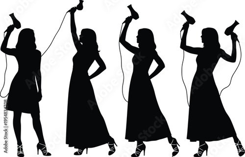 Black, silhouettes, of, elegant, women, in, dresses, using, hair, dryers, isolated, on, white, background, for, salon, beauty, fashion, style, grooming