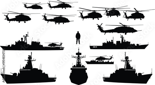 Black silhouette set of military warships and transport helicopters isolated on white background for navy army and national defense concept