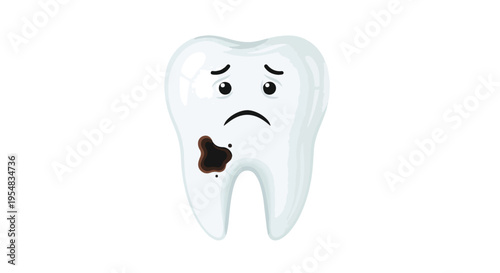 A cartoon tooth with a sad face and a cavity on a white background.