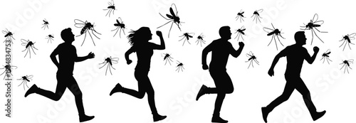 Black silhouette of people running away from swarm of giant mosquitoes isolated on white background for malaria and virus prevention