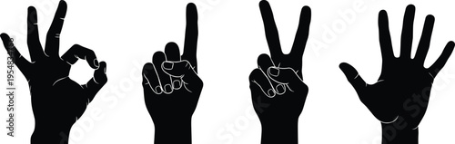 Black silhouette set of human hand gestures showing okay sign pointing finger victory and open palm isolated on white background