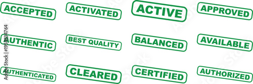 Set of 12 green vector rubber stamp icons with business and quality related words like 'ACCEPTED', 'ACTIVATED', 'ACTIVE', 'APPROVED', 'AUTHENTIC', 'BEST QUALITY', 'BALANCED', 'AVAILABLE'