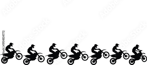 Black silhouette set of motocross rider performing jump sequence isolated on white background for extreme sports competition flyer and poster design