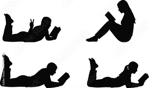 Black silhouette set of people reading books while lying and sitting isolated on white background for education and literacy concept