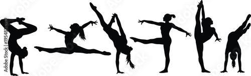 Set of Female Gymnast Silhouettes Performing Acrobatics Handstands and Yoga Poses Isolated on White Background for Sports Fitness and Athletic Design