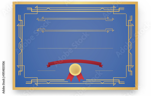 ゴールド装飾フレームとリボンが配置されたブルー基調の表彰証書テンプレート、フォーマルで高級感のあるアワードデザイン背景素材