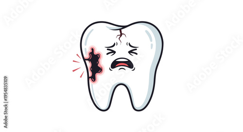 A cartoon tooth with a cracked and sore expression on its face, showing pain and distress on a plain white background.