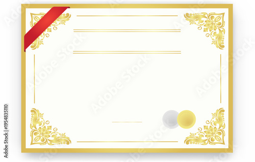 白地にゴールドの装飾コーナーと赤いリボンが映える高級賞状テンプレート、格式と華やかさを兼ね備えた証明書デザイン素材