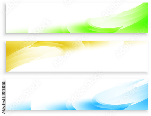 グリーン・イエロー・ブルーのグラデーションが流れる横長バナーセット、柔らかな曲線と透明感で構成された汎用的なウェブ用背景素材