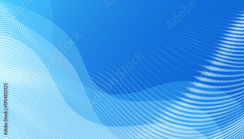 ブルーグラデーションの空間に広がるドットウェーブと滑らかな曲線が融合したデジタルネットワーク背景、未来的で清潔感のある抽象テクノロジーデザイン