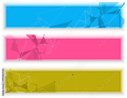 ブルー・ピンク・イエローの鮮やかな横長バナーにポリゴンネットワークを重ねた現代的デザイン、デジタル感と視認性を兼ね備えた広告用背景素材