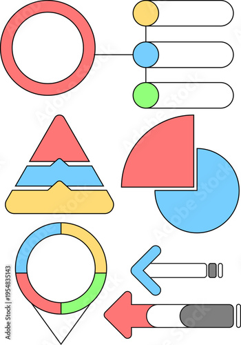 円グラフや矢印・階層図など多様な図形で構成されたインフォグラフィックセット、ビジネス分析やプレゼンに最適なフラットデザイン素材