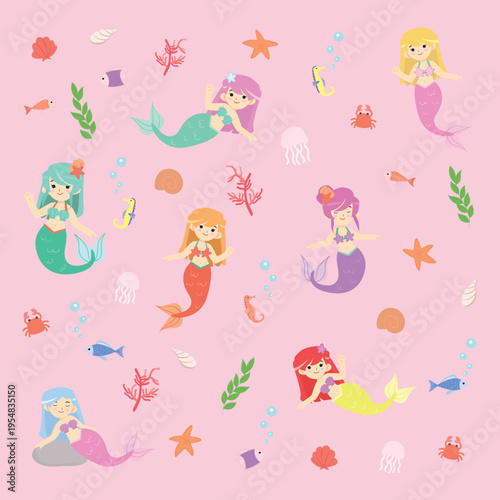 Cute Mermaid with Sea Creatures