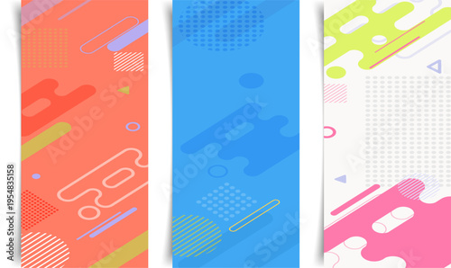カラフルな幾何学パターンと流動的な装飾が特徴の縦型バナーセット、ポップで視覚的インパクトのあるモダンデザイン背景素材