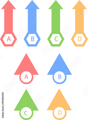 カラフルな矢印とアルファベットラベルで構成されたシンプルなインフォグラフィック素材、方向性や分類を視覚的に表現するデザインセット
