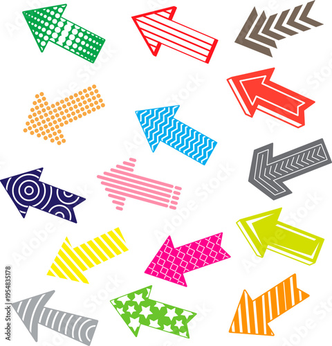 多彩なパターンとカラーで装飾された矢印アイコンセット、ポップで個性的な方向表現に適したデザイン素材集