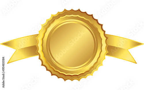 高級感あふれるゴールドの円形エンブレムと左右に広がるリボンデザインの受賞証明バッジ風ベクターイラスト（認証・品質保証・ランキング・ラベル素材）