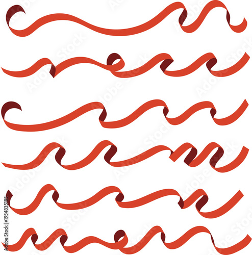 カールや波状に変化する赤いリボンのバリエーションセット素材（装飾ライン・見出しデザイン・ギフト・イベント用ベクター）