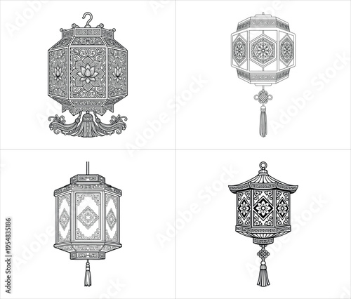 set of four ornate chinese lanterns with intricate floral patterns and traditional tassels design vector illustration artwork
