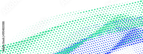 グリーンからブルーへ流れるドット粒子のウェーブが美しく広がる未来的なデジタル抽象背景（テクノロジー・通信・ビッグデータ・ネットワーク表現）