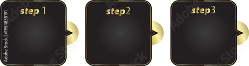 高級感のあるブラックとゴールドの立体ステップボックスデザイン（手順説明・フローチャート・プレゼン資料向けビジネスインフォグラフィック）