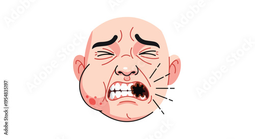Illustration of a bald man with a painful expression and a large zit on his cheek against a white background.