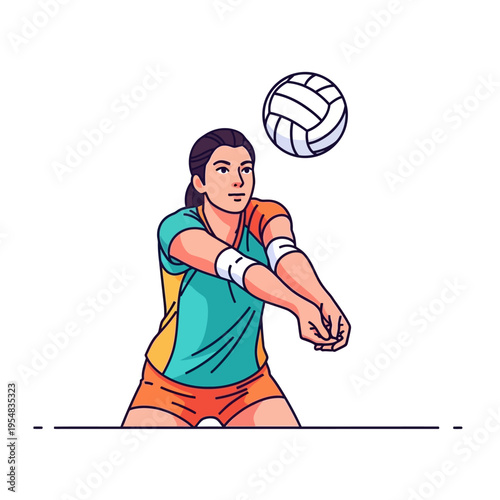 Volleyball player in action, receiving a serve with a clean bump, dynamic sport illustration