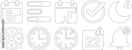 Set of 10 outline vector icons for time management and scheduling, featuring calendar with date 5 and 22, progress bars, clocks, checkmark, moon, and notification bell with alert and disabled