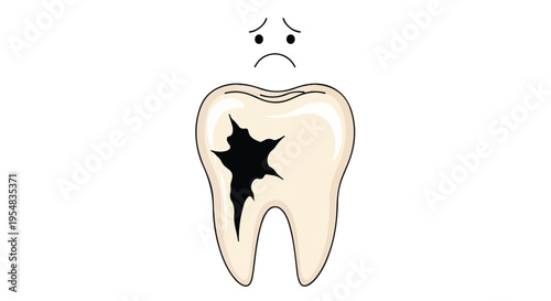 Cartoon illustration of a sad tooth with a black star-shaped cavity on a white background.
