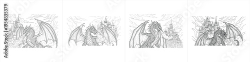 majestic fire breathing dragon and medieval castle ruins with intricate wings and scales design vector illustration artwork
