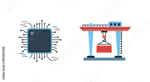 Illustration of a Microchip with Connections and a Container Crane.