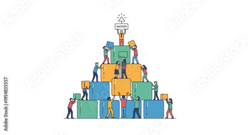 Collaborative team building a pyramid of colorful blocks achieving success and holding a trophy.