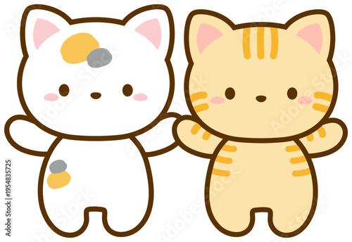手を繋いで喜ぶ猫、三毛猫と茶トラ猫、かわいい猫のイラスト