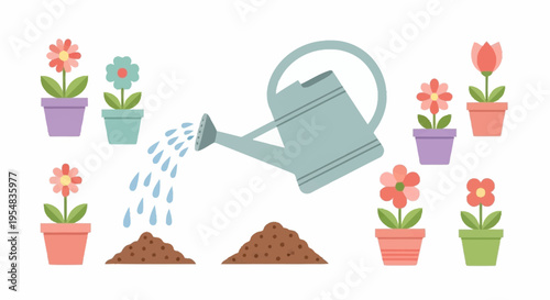 Vibrant Watering Can with Colorful Flower Pots in a Garden Scene