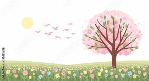 Beautiful Spring Landscape with Pink Flowering Tree and Colorful Blossoms