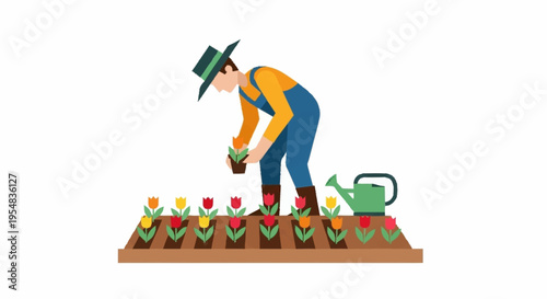 Gardener Planting Colorful Tulips in a Bright Garden