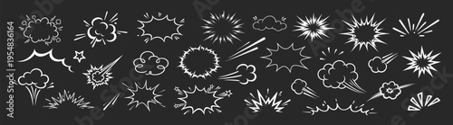Comic boom burst, explosive motion line elements, speed effect, explosive smoke, cartoon vector icon set, hand drawn dynamic action elements on black background