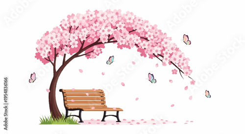 Serene Cherry Blossom Scene with Park Bench and Butterflies