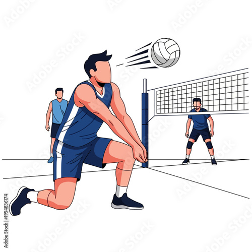 Volleyball players in action, receiving serve and blocking at net, dynamic sports illustration