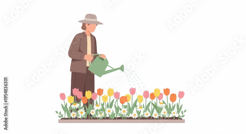 Gardener Watering Colorful Flower Bed in Springtime