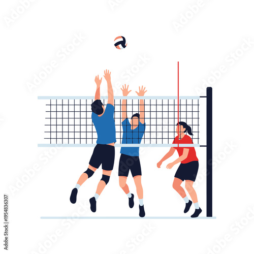 Volleyball players jumping to block ball over net, action sport illustration