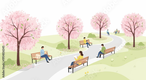 Serene Park Scene with Cherry Blossom Trees and Relaxing People