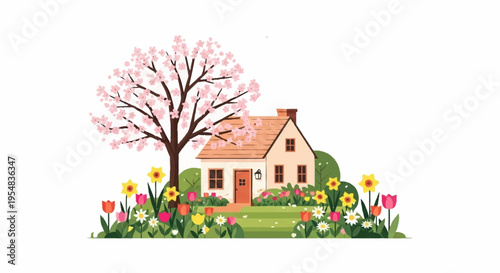 Charming Spring House Surrounded by Colorful Blooms
