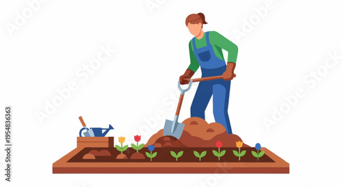 Gardener Tilling the Soil in a Colorful Vegetable Garden