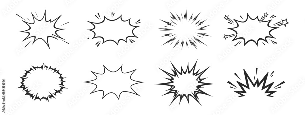 Fototapeta premium Hand drawn comic explosion burst and speech bubble doodle set, cartoon boom cloud and impact effect elements vector illustration on transparent background