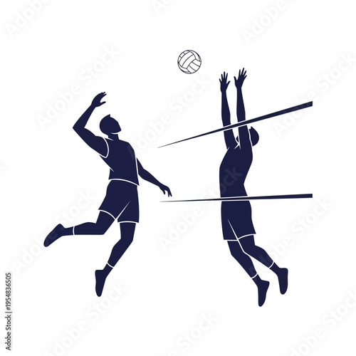 Volleyball Players Silhouette Jumping at Net, Action Shot, Sport Illustration