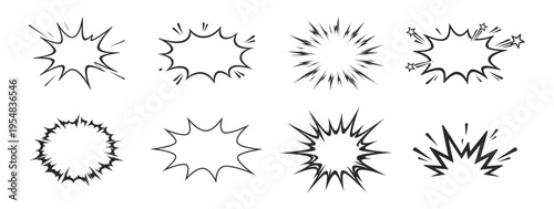 Hand drawn comic explosion burst and speech bubble doodle set, cartoon boom cloud and impact effect elements vector illustration on transparent background